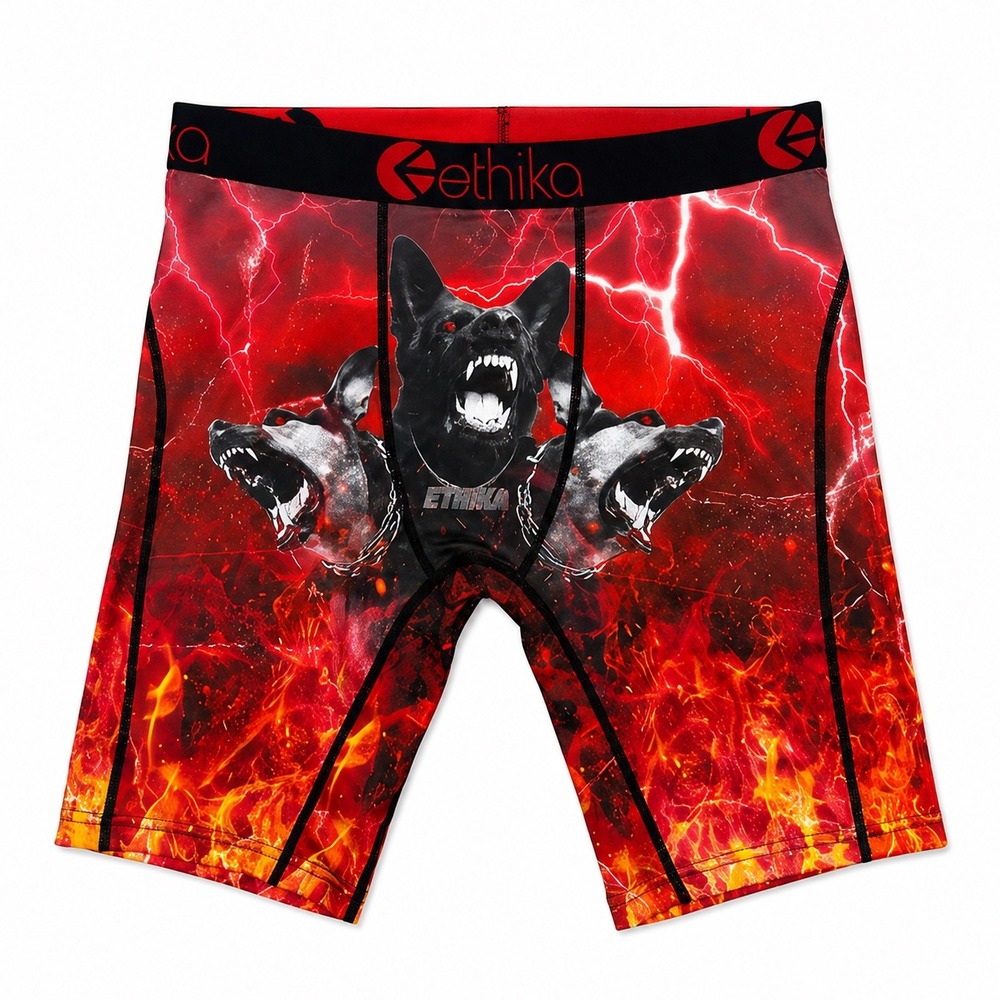 Ethika Men The Staple Three Headed Dog Boxer Briefs Red Lightning Fire Large NWT